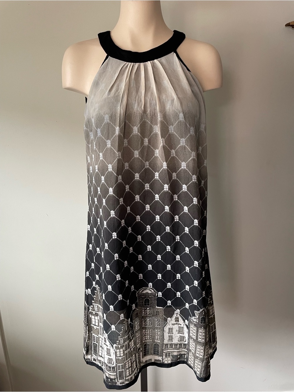 AND Amsterdam Halter Dress Scenic Border Print European Chiffon Cityscape